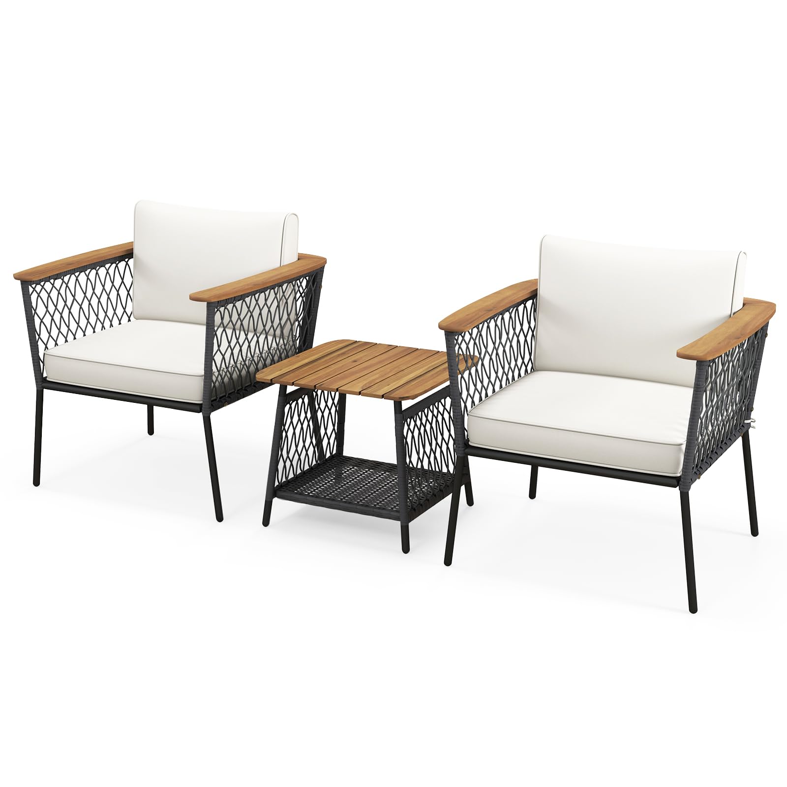 Ensemble de mobilier de patio Tangkula 3 pièces, ensemble de chaises en rotin avec table basse à 2 niveaux, accoudoirs et plateau en bois d'acacia, coussins moelleux pour l'assise et le dossier